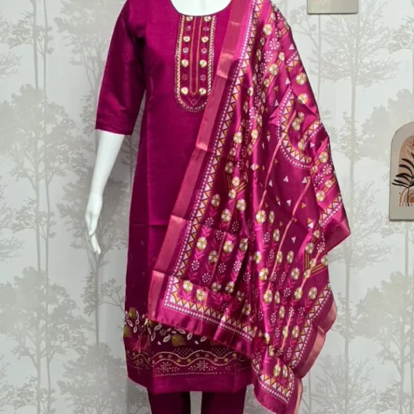 Premium Vertical Silk 3-Piece Set with Scenic Daman Embroidery & Rich Dupatta