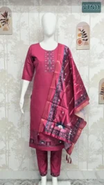 Premium Vertical Silk 3-Piece Set with Scenic Daman Embroidery & Rich Dupatta