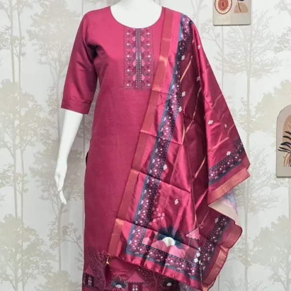 Premium Vertical Silk 3-Piece Set with Scenic Daman Embroidery & Rich Dupatta