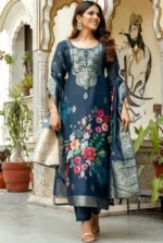 Royal Teal Jacquard WORK WITH Digital Print Suit Set - Image 5