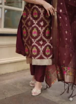 Classic Wine Cotton Blend Jacquard Suit with Traditional Dupatta - Image 5
