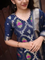 Deep Navy Jacquard Suit Set with Zari Border Dupatta - Image 3