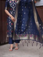 Deep Navy Jacquard Suit Set with Zari Border Dupatta - Image 5