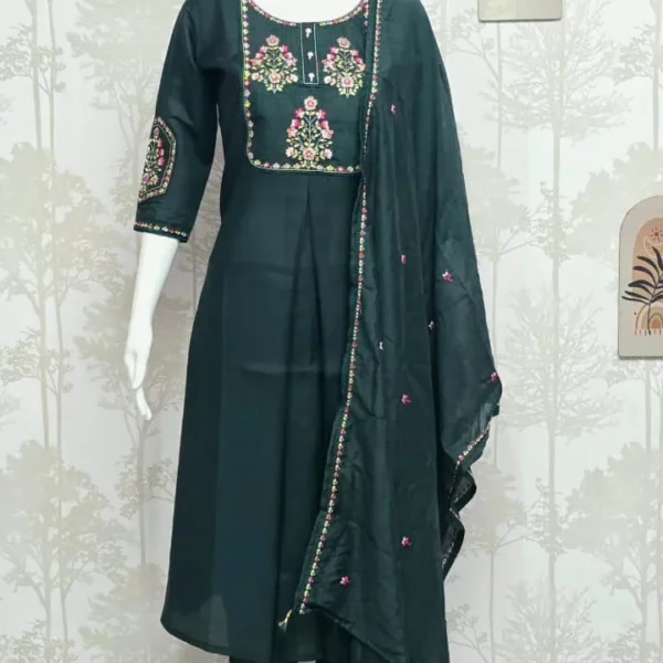 Premium Roman Silk 3-Piece Set: Intricate Floral Neck & Sleeve Embroidery