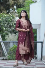 Festive Special Maroon Woven Kurti Set with Dupatta