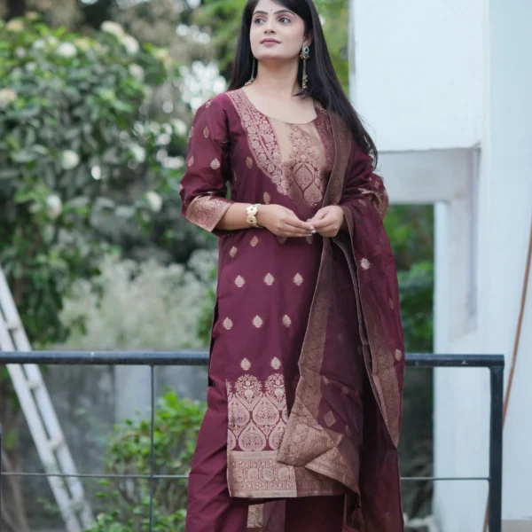Festive Special Maroon Woven Kurti Set with Dupatta
