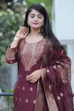 Festive Special Maroon Woven Kurti Set with Dupatta - Image 2