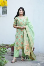 Premium Pista Green Ethnic Kurti Set with Woven Jacquard & Zari Dupatta - Image 2