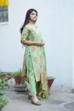Premium Pista Green Ethnic Kurti Set with Woven Jacquard & Zari Dupatta - Image 3