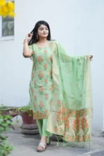 Premium Pista Green Ethnic Kurti Set with Woven Jacquard & Zari Dupatta