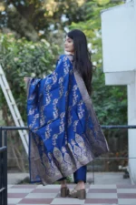 Premium Royal Blue Heavy Jacquard Woven Kurti Pant Dupatta Set - Image 5