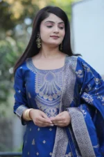 Premium Royal Blue Heavy Jacquard Woven Kurti Pant Dupatta Set - Image 2