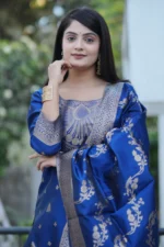 Premium Royal Blue Heavy Jacquard Woven Kurti Pant Dupatta Set - Image 4