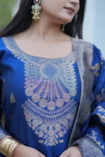 Premium Royal Blue Heavy Jacquard Woven Kurti Pant Dupatta Set - Image 3