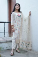 Premium Off-White Heavy Jacquard Woven Kurti Pant Dupatta Set