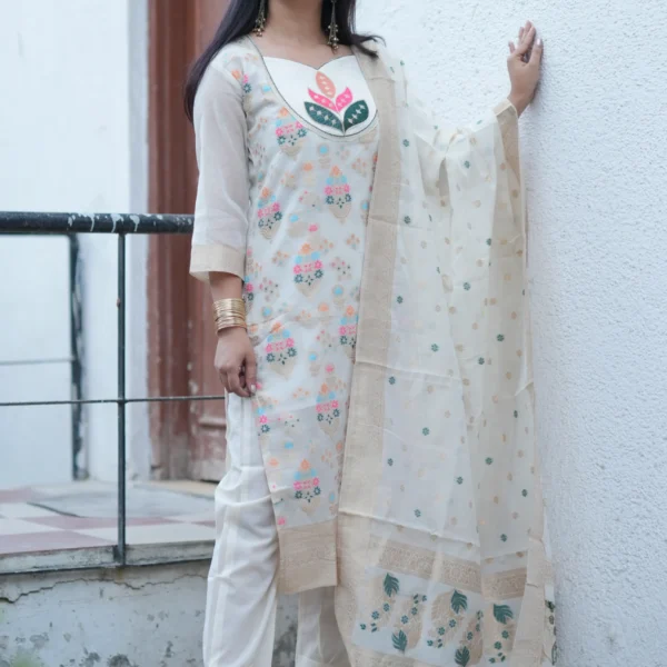 Premium Off-White Heavy Jacquard Woven Kurti Pant Dupatta Set