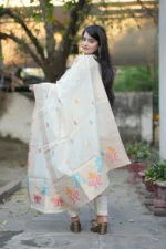 Premium Off-White Jacquard Woven Kurti Pant Dupatta Set with Multicolor Detailing - Image 4