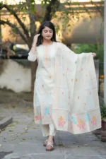 Premium Off-White Jacquard Woven Kurti Pant Dupatta Set with Multicolor Detailing