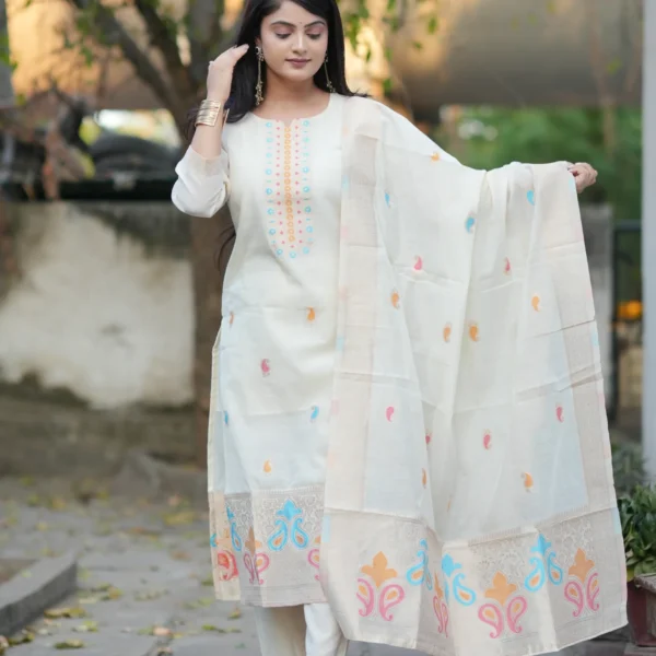 Premium Off-White Jacquard Woven Kurti Pant Dupatta Set with Multicolor Detailing
