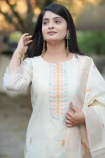 Premium Off-White Jacquard Woven Kurti Pant Dupatta Set with Multicolor Detailing - Image 2