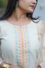 Premium Off-White Jacquard Woven Kurti Pant Dupatta Set with Multicolor Detailing - Image 3