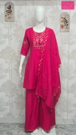 Elegant Rani Pink Roman Silk Kurta Set with Scalloped Embroidery