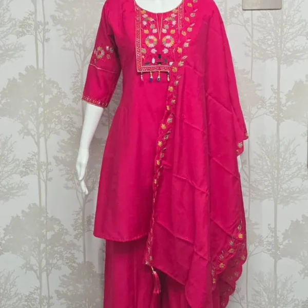 Elegant Rani Pink Roman Silk Kurta Set with Scalloped Embroidery