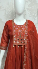 Elegant Mal Chanderi 3 Piece Kurti Set with Dupatta & Pant – Embroidered Festive Wear (Rust Red) - Image 3