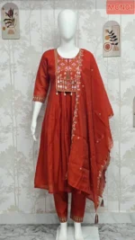 Elegant Mal Chanderi 3 Piece Kurti Set with Dupatta & Pant – Embroidered Festive Wear (Rust Red)