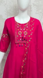 Elegant Rani Pink Roman Silk Kurta Set with Scalloped Embroidery - Image 3