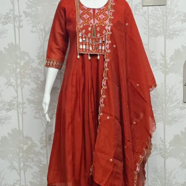 Elegant Mal Chanderi 3 Piece Kurti Set with Dupatta & Pant – Embroidered Festive Wear (Rust Red)