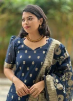 Women's Navy Blue Jacquard Woven Kurta Pant with Designer Jacquard Dupatta Set - Image 3