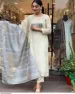 Women's Off White Jacquard Woven Kurta Pant with Designer Jacquard Dupatta Set