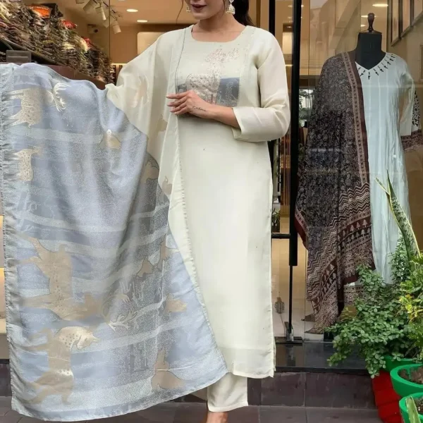 Women's Off White Jacquard Woven Kurta Pant with Designer Jacquard Dupatta Set