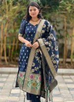 Women's Navy Blue Jacquard Woven Kurta Pant with Designer Jacquard Dupatta Set