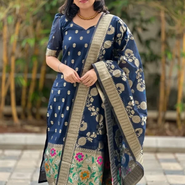 Women's Navy Blue Jacquard Woven Kurta Pant with Designer Jacquard Dupatta Set