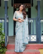 Misty Blue Linen Cotton Blend Saree with Digital Print Floral Motifs