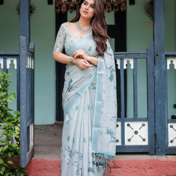Misty Blue Linen Cotton Blend Saree with Digital Print Floral Motifs