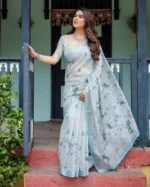 Misty Blue Linen Cotton Blend Saree with Digital Print Floral Motifs - Image 2