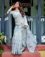 Misty Blue Linen Cotton Blend Saree with Digital Print Floral Motifs - Image 3