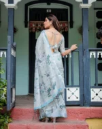 Misty Blue Linen Cotton Blend Saree with Digital Print Floral Motifs - Image 5
