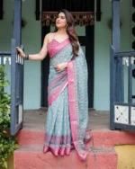 Ocean Turquoise – Block-Print Inspired Linen Cotton Saree