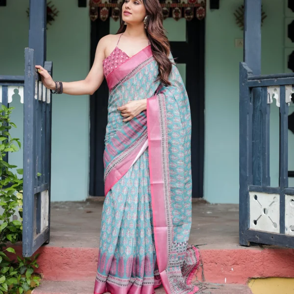 Ocean Turquoise – Block-Print Inspired Linen Cotton Saree