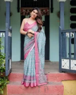 Ocean Turquoise – Block-Print Inspired Linen Cotton Saree - Image 2