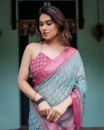 Ocean Turquoise – Block-Print Inspired Linen Cotton Saree - Image 4