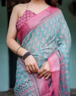 Ocean Turquoise – Block-Print Inspired Linen Cotton Saree - Image 3