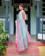 Ocean Turquoise – Block-Print Inspired Linen Cotton Saree - Image 5
