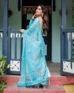 Ocean Blue Linen Cotton Blend  with Digital Floral Art - Image 5