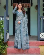 Deep Teal & Indigo Linen  Saree with Traditional Motif Print