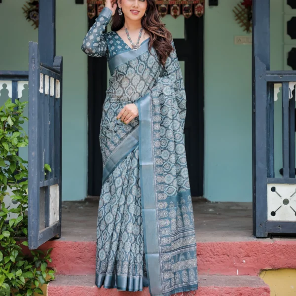 Deep Teal & Indigo Linen  Saree with Traditional Motif Print